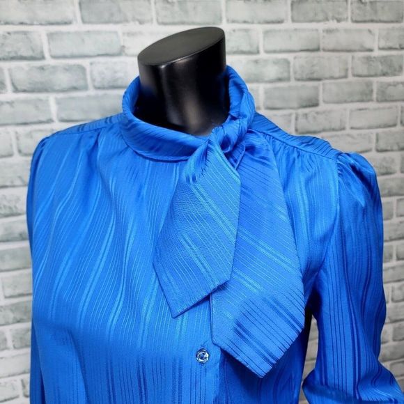 Vintage 70s Jonquil Womens Bright Blue Sheer Side Button Scarf Tie Collar Blouse - Picture 4 of 8